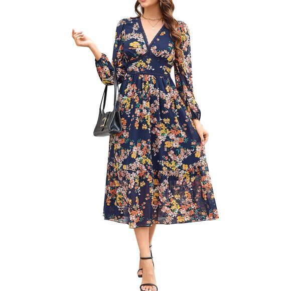 Women's Floral V Neck Chiffon Maxi Dress Long Sleeve Weddings Casual - Picture 1 of 5